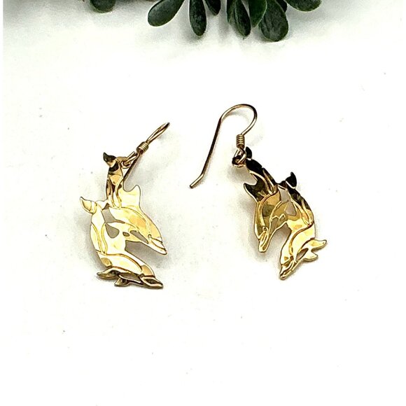 Dolphin-Themed Gold Tone Dangle Earrings by Wildbird - Picture 1 of 3